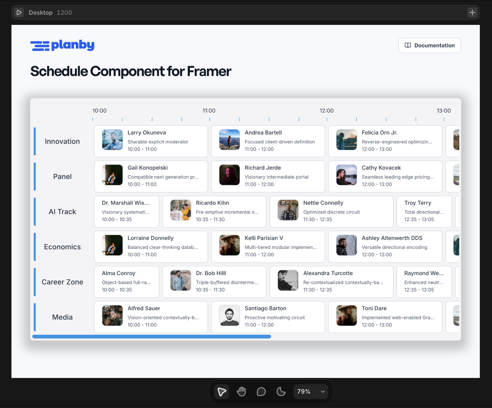 Planby Schedule component rendering a conference agenda in a Framer project — tracks as rows, talks as events across a time axis
